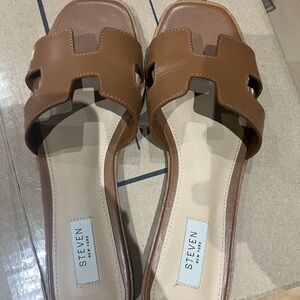 Steven New York Tan Leather Slide Sandals